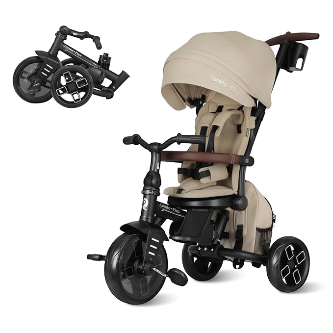 QPlay Toddler Bike Stroller for Baby 10 Months to 6 Years Old, 8-in-1 Foldable Stroller Bike for Toddlers 3-5 Boys & Girls Gifts Trike — Adjustable Handle, Triple Footrest, Canopy & Storage Bag