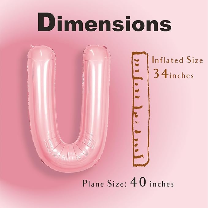 SUWEN 40 Inch Pink Large U Letter Balloons Big Foil Helium Letter Balloons A-Z Jumbo Mylar Happy Birthday Party Decorations for Girl Anniversary Party Supplies