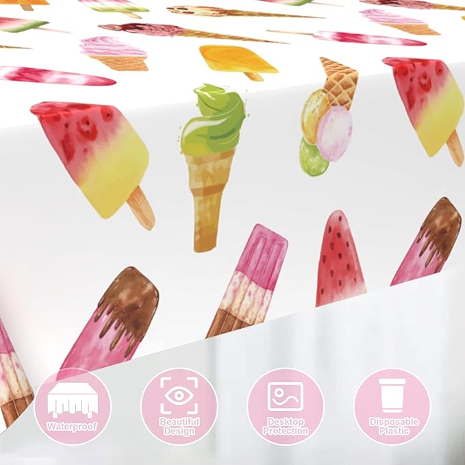 3 Pieces Ice Cream Plastic Tablecloth, 51 x 86 Inch Ice Cream Party Table Cover, Ice Cream Party Decorations, Suitable for Ice Cream Theme Birthday Party Supplies
