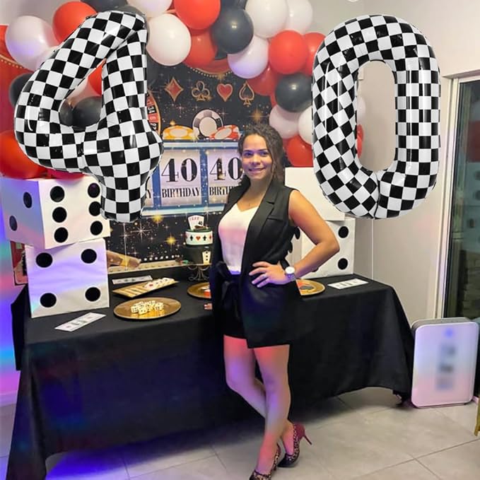 TONIFUL 40 Inch Checkered Number 4 Balloon 4th Race Car Birthday Party Supplies Black and White Large Number Balloon for Girls Boys 4th Birthday Fast Race Car Flag Party Decorations