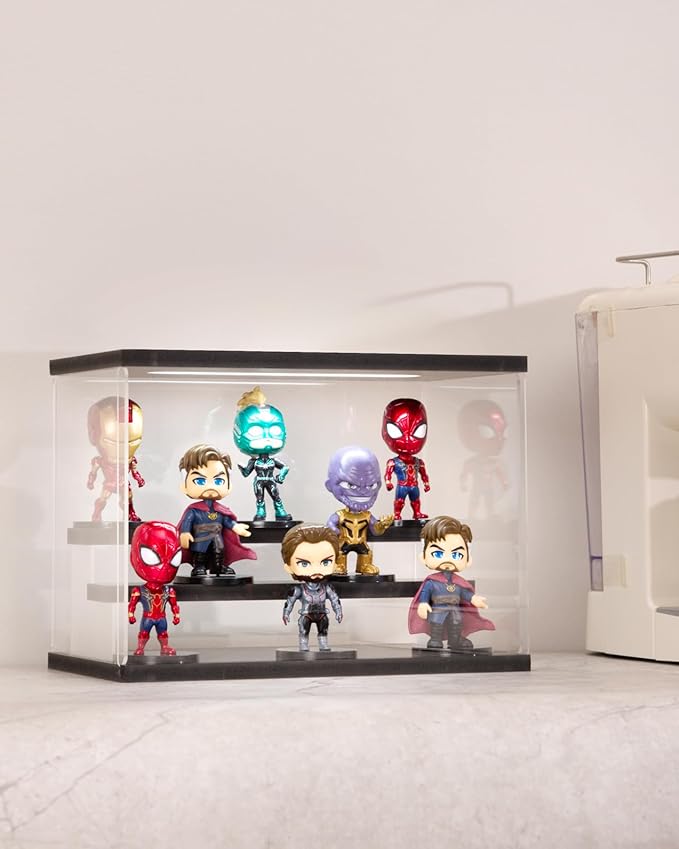 Clear Acrylic Display Case with Light , 3 Tier Display Box Stand Assembly Dustproof Protection Showcase for Collectibles Action Figures (Black 12.6×7×9in; 32×18×23cm)