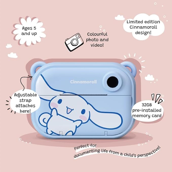 kiimento Sanrio Licensed Instant Print Digital Camera, Best Travel Buddy Cinnamoroll, 2.4” HD Screen, Ink-Free B&W Printing, Selfie Lens, 1080p Video, 32GB Memory Card (Model P)