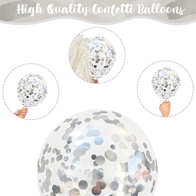 Silver and White Balloons, 12 Inch Metallic Silver White Latex Balloons Set Decor with Silver Confetti Helium Balloons for Boys Girls Birthday Party Baby Shower Wedding Graduation Party Decorations
