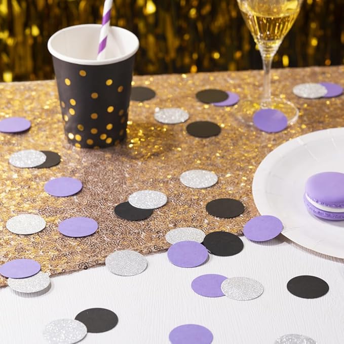 Purple Black and Silver Confetti Table Decoration for Birthday Retirement Halloween Graduation Horror Theme Party,1.2 inch in Diameter,200 Counts
