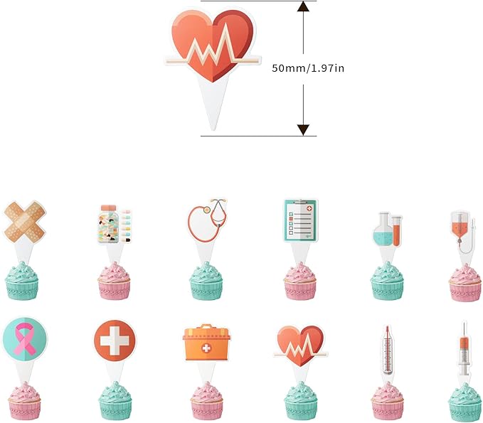 Medical Theme 24 pcs Cupcake Toppers, Mini Doctor Nurse Party Supplies Favors,Cake Picks For Birthday Anniversary Wedding Engagement Dessert Party Decorations