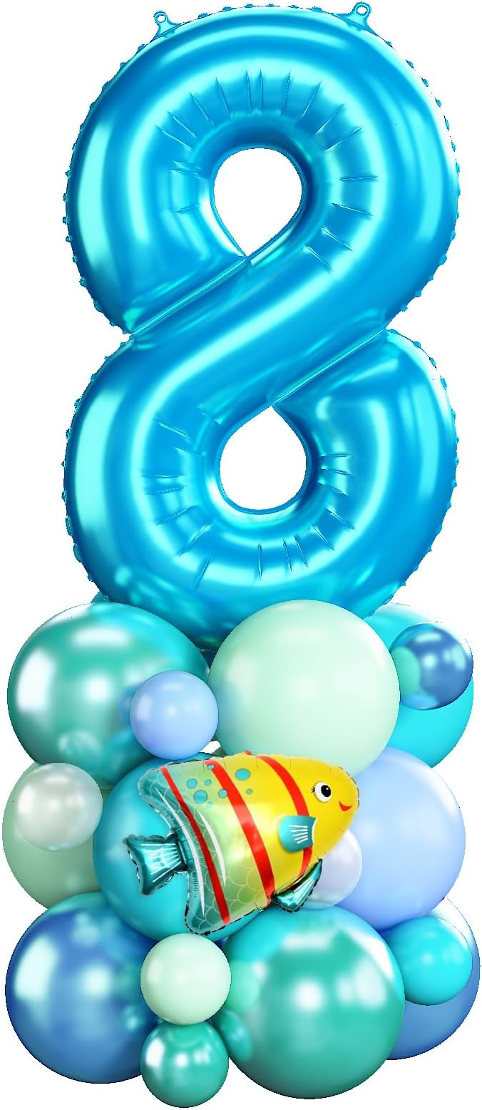 40 Inch Blue Number 8 Balloon Ocean Under the Sea Number Eight Foil Balloons Tower with Shark Bubble Fish for Boys 8th Birthday Party Decor Blue Green Underwater Digital Aluminum Balloons Stack