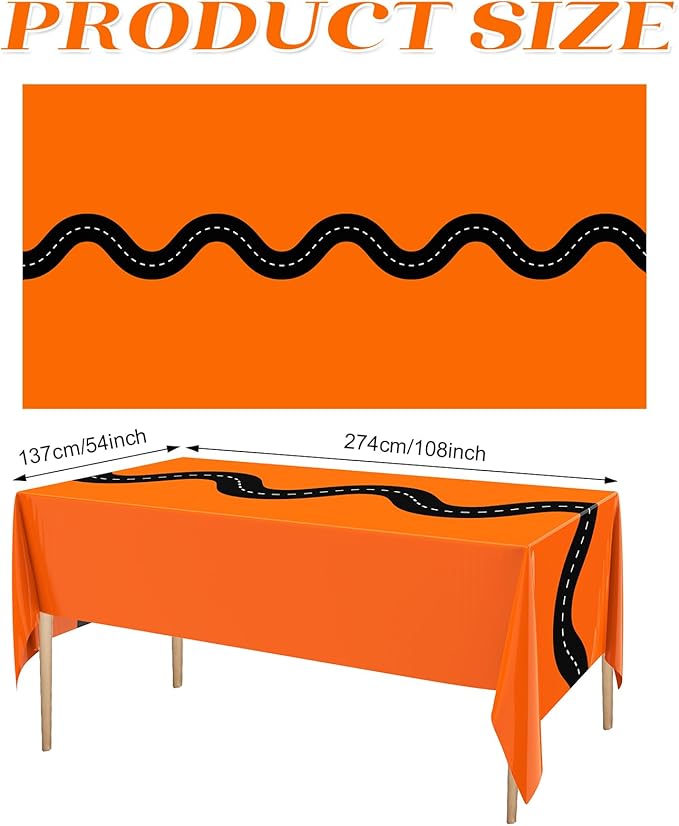Irenare 3 Pcs Racing Table Cloths Car Birthday Party Supplies 54 x 108 Inch Racetrack Table Runner Covers Disposable Rectangular Road Tablecloth for Kids Boy Car Theme Party Decor (Orange)