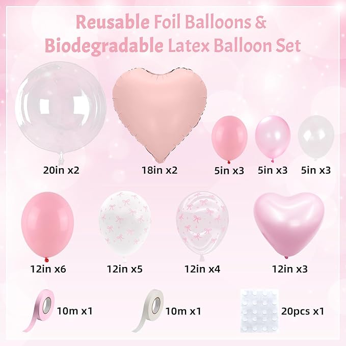 Coquette Pink Bow Balloons Birthday Decorations, 20 In Bobo Light Pale Baby Dusty Pastel Pink and White Balloons Heart Shape Balloon, First Birthday Bow Party Decor for Princess Girl Just Wanna Be One