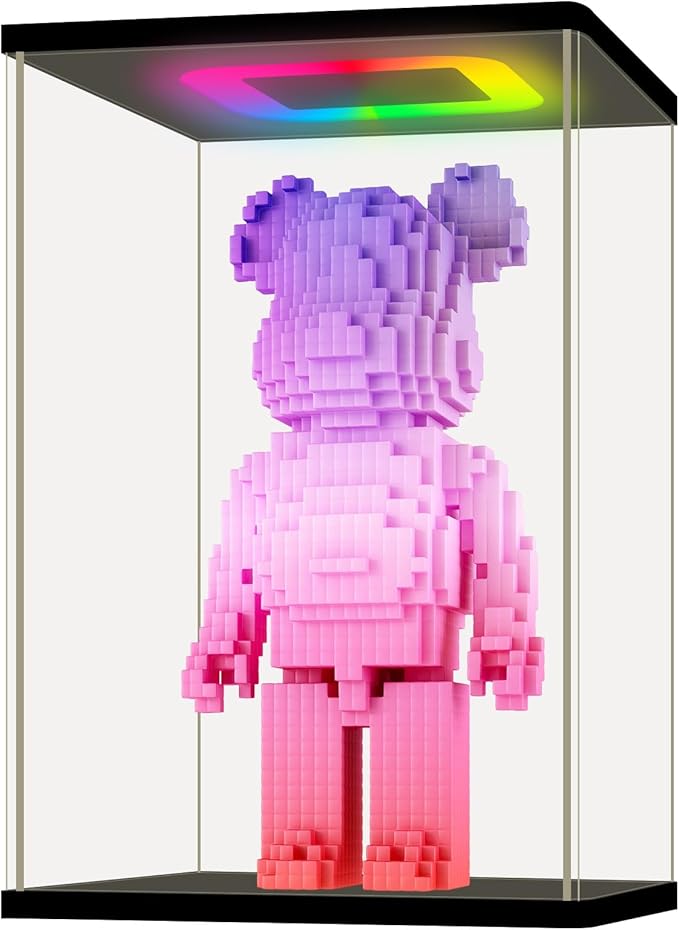 NONEMEY Clear Acrylic Display Case with RGB LED Light for Bearbrick, Dustproof Model Showcase Organizer Box, Display Case for Collectibles Bearbrick (9.8×7.9×15.7inch,25×20×40cm)
