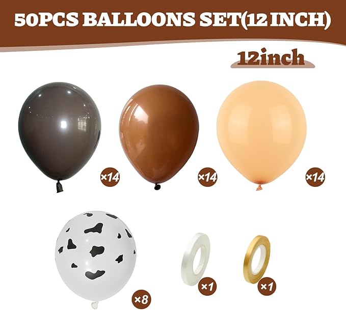 Brown Cow Print Balloons, 50pcs 12 Inch Dark Coffee Brown Tan Nude Apricot Cow Print Western Party Balloons for Kids Boy Cowboy Party Decorations Cow Birthday Baby Shower Western Decor