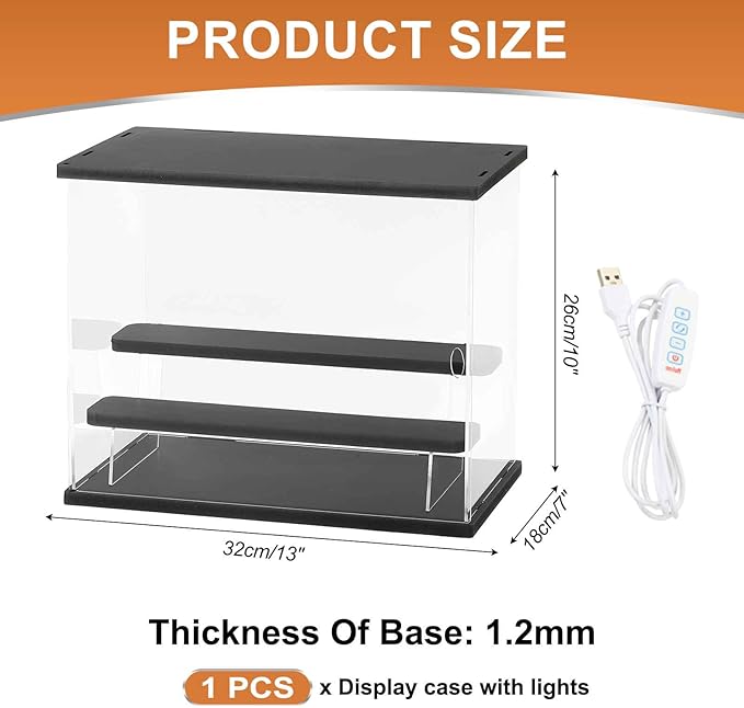 MECCANIXITY Clear Display Case, 3 Layer Acrylic Figure Display Case Clear Display Boxes for Collectibles, Figures Model Toys Home Storage(with Square LED Light, 13x7x10 Inch Black Base)