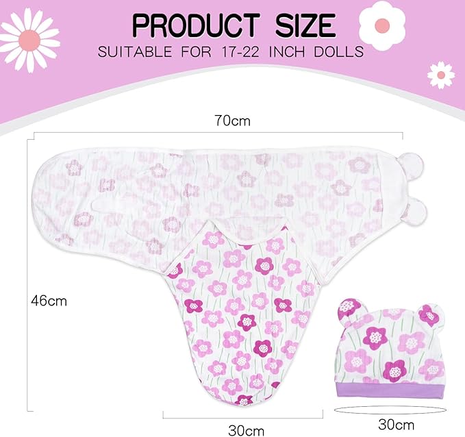 Reborn Baby Doll Swaddle Blanket 17-22 Inch Girl Purple Flowers Wrap Blanket 2 Pcs - Swaddle Blanket + Hat, Reborn and Newborn Baby Doll Clothes Accessories