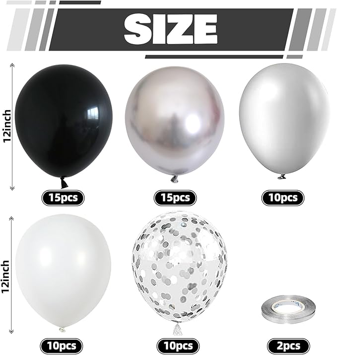 Black and Silver Balloons, 60 Packs 12 Inch Chrome Metallic Silver Balloons and Confetti Balloons, Black White Silver Balloon for Wedding Engagement Birthday Halloween Decorations