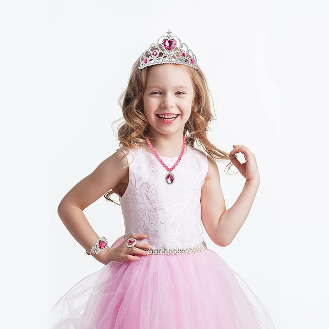 Princess Dress Up Party Accessories for Princess Costume Gloves Tiara Wand Necklace Earrings Bracelet and Ring Gift Set 9pcs (Rose, Set of 7, 9pcs)