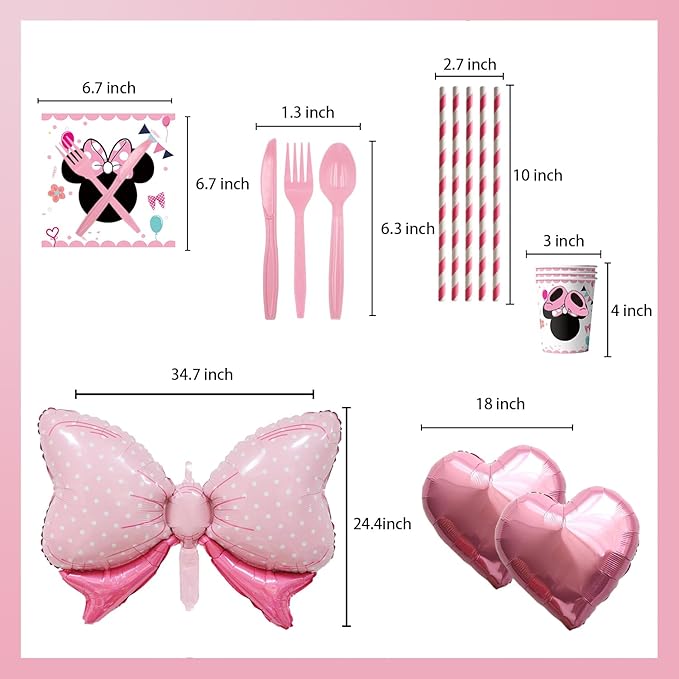 288 PCS Pink Mouse Birthday Decorations Serves 20 Guests Mouse Theme Party Decorations Include Balloons, Tablecloth, Backdrop, Cake Topper, Paper Plates and More Party Supplies for Girls