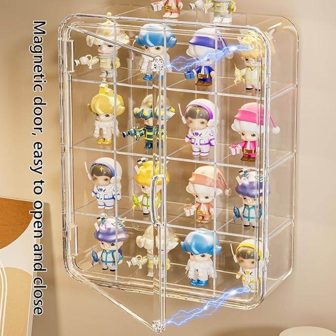 Wall Mount Acrylic Display Case 9-Cell Magnetic Door Shelf for Collectibles, Space-Saving Dust-Proof Showcase w/ Removable Grids (M-9 Cell(12.6x10.24x3.54in))
