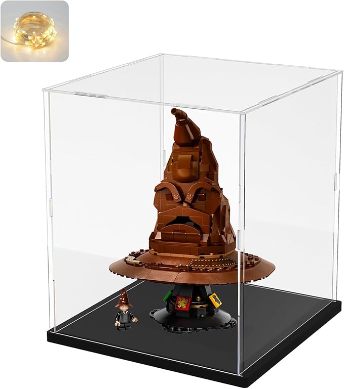 Thickened Clear Acrylic Display Case for Lego 76429 Talking Sorting Hat 10338 31152 43270 43238 21355 Collectibles, Self-Assembly Box with Wood-Plastic Base & Light, Black Inside 9.8x9.8x11.8 inch