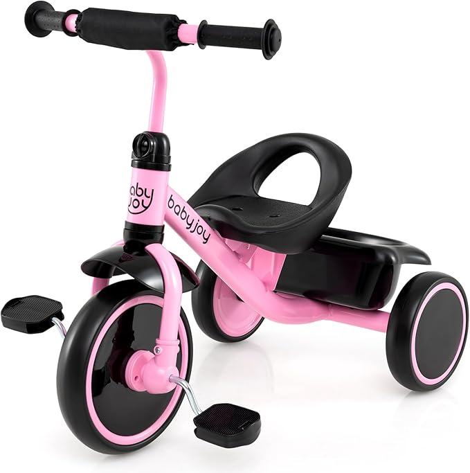 BABY JOY Toddler Tricycle, Kids Trike with Adjustable Seat and Storage Basket for Boys Girls Indoor and Outdoor Riding, Toddler Trike for Baby 3-5 Years Old (Pink)