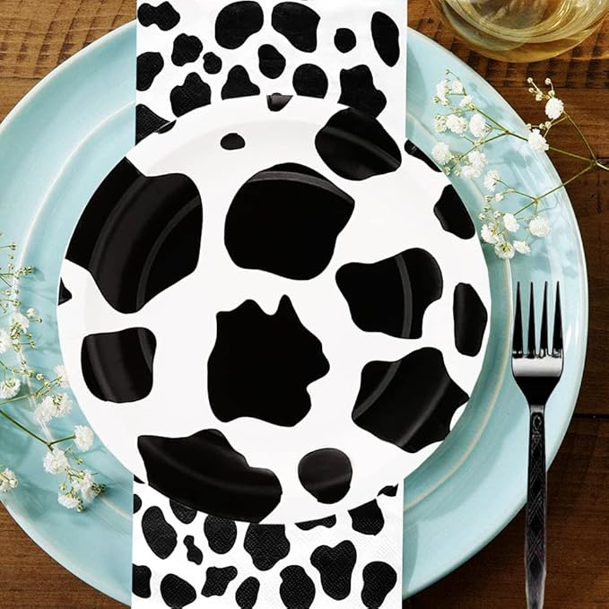 60pcs Cow Print Party Supplies - Cow Themed Tableware Set with 7" Paper Plates, Napkins & Forks for Kids Birthday Party (Serves 20)
