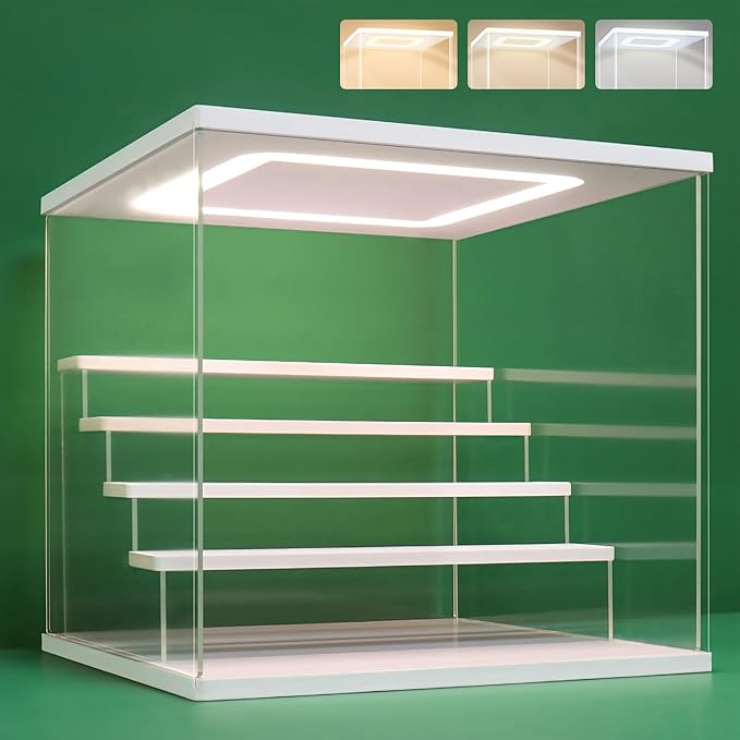 NONEMEY Clear Acrylic Display Case Stand with LED Light 2/3/4/5/6 Tier Storage Box Showcase Dustproof Organizer Box for Collectibles (White 5Tier 12.4*12.2*12inch )