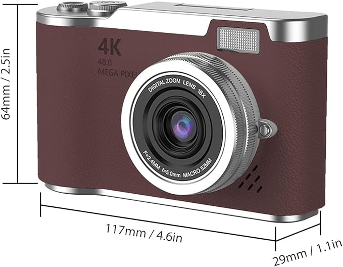 Denash Foldable Screen Kids and Beginners Camera,4K Digital Camera for Photography,48MP Digital Foldable Support 16X Zoom with Flip Scree (Brown)