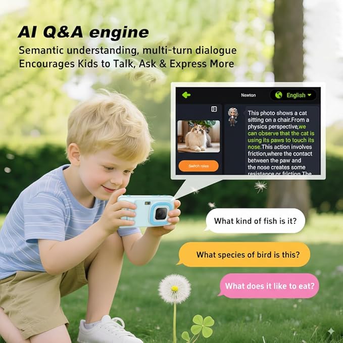 AI Kids Camera for 3–11 Year Old Boys and Girls, AI Learning Digital Video Camera with with Object Recognition, Best Birthday, WiFi Kids Toy Camera 16GB(Blue)