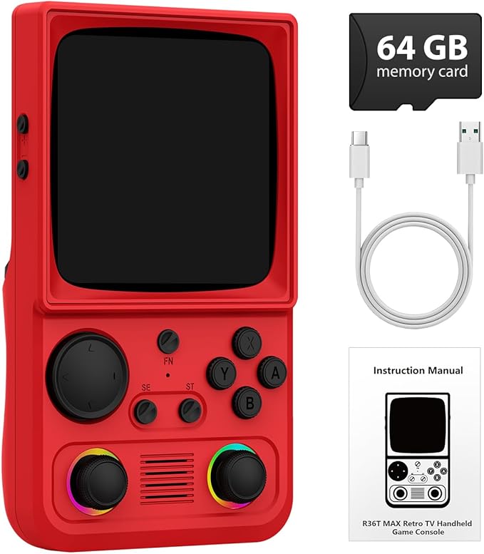 R36TMAX Retro Handheld Game Console, 4.0'' 720x720 IPS Screen, 128GB Supports 22000+ Classic Games, EmuELEC System Supports WiFi Networked Fighting and OTG, 4000mAh, with Portable Case (Red 128GB)