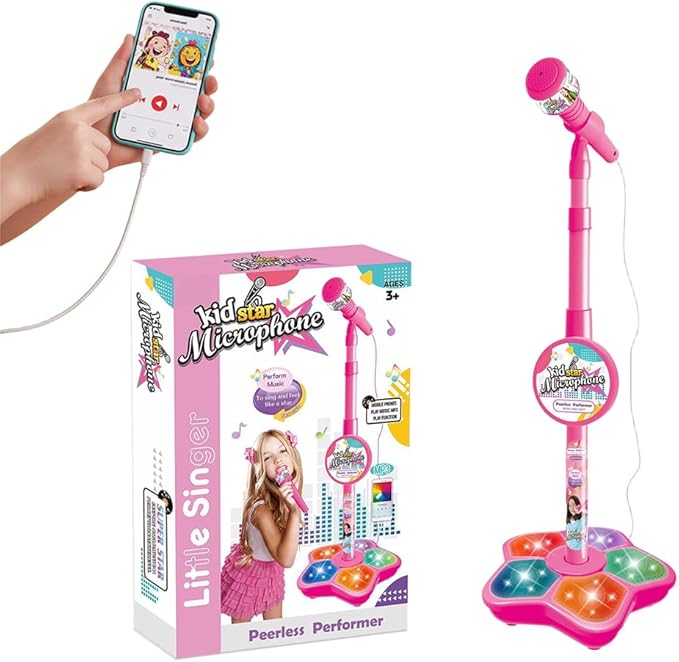 Kids Microphone with Stand, 2026 New All-in-One Microphone Toy, Multifunctional Singing Toy for Birthday Parties, Portable Karaoke Microphone Toy for Kids (Pink)