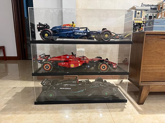 DuvinDD Acrylic Display Case for Lego Car Mercedes F1 42171, McLaren F1 42141, Clear Large Display Box 1/8 Scale Model Car Dustproof for Collectibles with Black Base(27.5x11.8x7.8 inch)