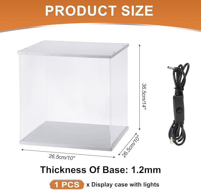 MECCANIXITY Clear Display Case, Acrylic Figure Display Case Clear Display Boxes for Collectibles, Figures Model Toys Home Storage(with Square LED Light, 10x10x15 Inch White Base)