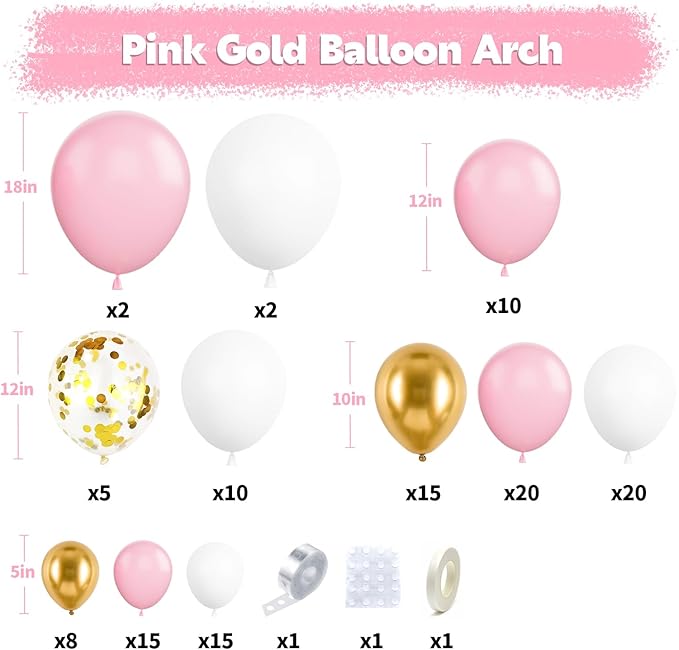Pink and White Balloon Arch Kit, 121PCS Pink and Gold Balloon Garland Pastal Pink White Gold Confetti Balloons for Girls Birthday Baby Shower Wedding Bridal Shower Party Decorations