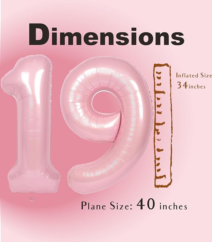 SUWEN 40 Inch Pink Large 19 Number Balloons Big Foil Helium Number Balloons 0-9 Jumbo Happy 19th Mylar Birthday Party Decorations for Girl or Women 91 Anniversary Party Supplies