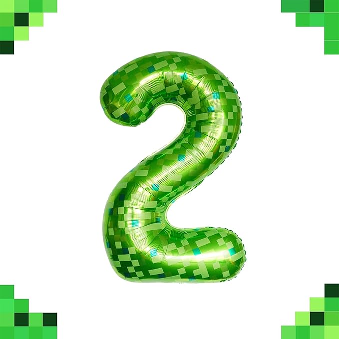 40 Inch Green Pixel Miner Number 2 Foil Balloons Large Mylar Mining Theme 2nd Number Balloon for Boys Girls Video Game Birthday Decorations Pixel Game Party Supplies
