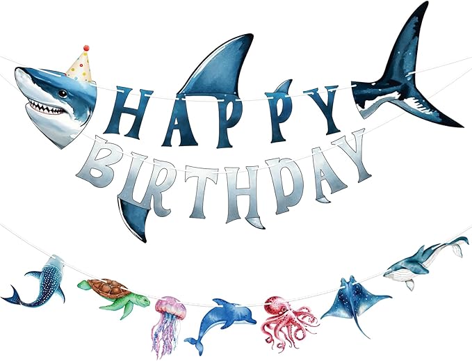 Hooqict Ocean Birthday Party Decorations Shark Happy Birthday Banner Garland Sea Ocean Party Banner for Kids Boys Under The Sea Animal Themed Party Decorations
