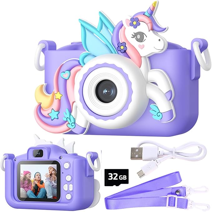 Wembley Kids Camera for Boys & Girls 3–8 Years | Digital Camera for Kids 1080P Selfie Video | Toddler Unicorn Camera Rechargeable with Games | 32GB Card | Silicone Cover | Birthday Gift - Purple