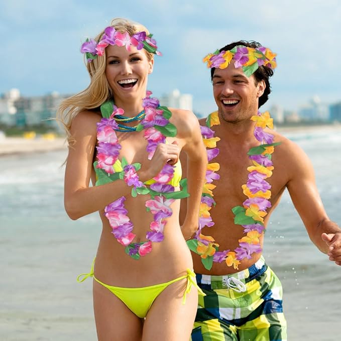 40 PCS Hawaiian Luau Leis,Tropical Luau Party Supplies of Hula Garland Necklaces Bracelets Headband Jumbo Simulated Silk Flowers for Hawaii Decorations, Beach Theme Party Decorations