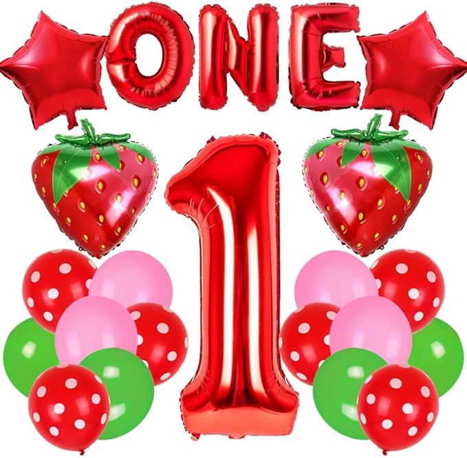 Strawberry Balloons, 1st Strawberry Birthday Decoration with Number One Balloon Letter ONE Star Pink Green Balloon For Strawberry First Birthday Party Supplies