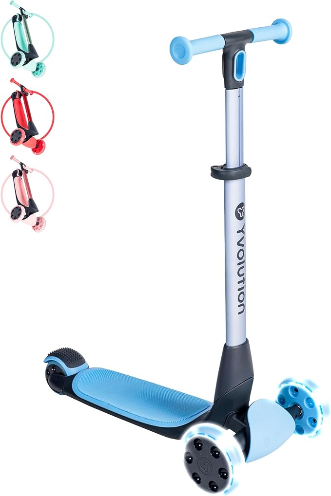 Yvolution Y Glider Nua 3-Wheel Kids Scooter – Adjustable Height, Arc-Folding Handlebar, LED Light-Up Front Wheels, Extra-Wide Deck, Ages 3-10