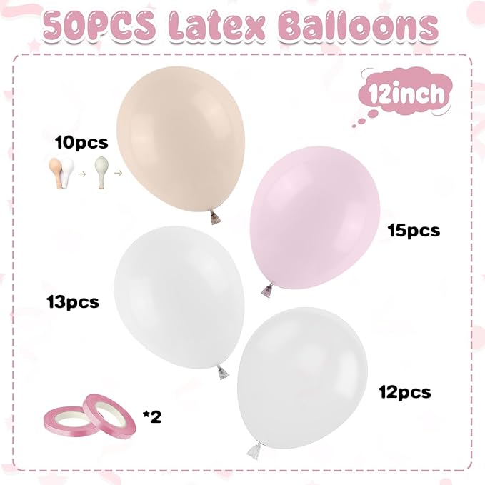 Blush Pink Balloons, 50 PCS 12 Inch Double Stuffed Nude Cream Dusty Pink White Sand Latex Balloons for Bridal Baby Girls Shower Boho Bachelorette Birthday Wedding Party Decorations