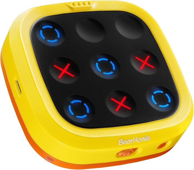 4-in-1 Handheld Tic Tac Toe Game Portable Electronic Board Games for Kids & Adults, Travel Games, Birthday Gifts, Yellow