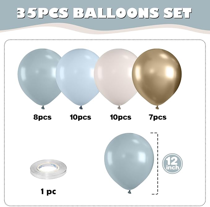 Dusty Baby Blue Gold Balloons, 12 Inch Maca Blue White and Metallic Gold Balloons for Boy Baby Bridal Shower Birthday Gender Reveal Wedding Party Decorations