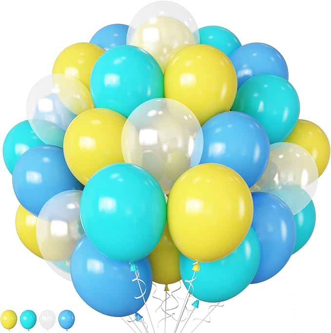 Yellow Blue Clear Balloons 12 Inch 60 Pcs Blue Cartoon Balloon Teal Blue and Yellow Party Latex Balloons Transparent for Kids Birthday Ocean Baby Shower Party Decorations