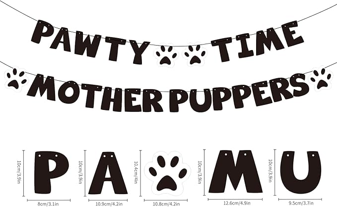 Pre-Strung Let's Pawty Dog Birthday Party Supplies - Pawty Time Mother Puppers - Funny Gold Glitter Puppy Dog Birthday Banner For Party Decorations Girl Boy - Cute Puppy Pets Paw Pennant Sign Deco (Black)