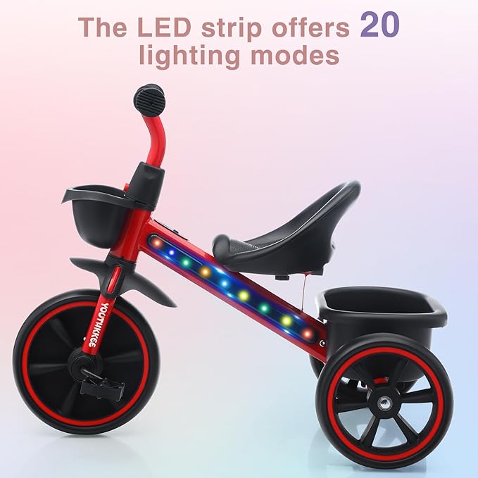 Kids Tricycle with Colorful LED Lights for Toddlers 1-3 Years, Stable 3-Wheel Design & Storage Basket for Fun Indoor Outdoor Ride, Gift for Baby Boy Girl