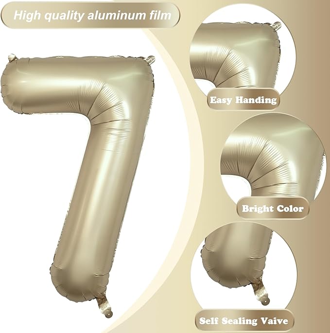 40 Inch Balloon Number 7 Metallic Gold, Large Mylar Foil Light Gold Number Seven Balloons for Girls Women, Champagne Gold Globos de Numero 7 Helium Balloons for Boys Men 7th Birthday Party Decorations