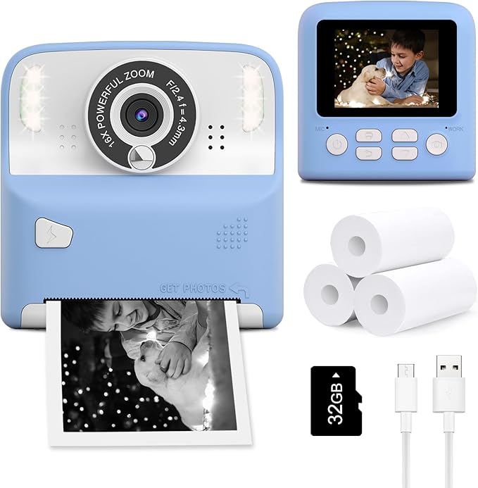 Instant Print Camera for Kids, Christmas Birthday Gifts for Age 3-12, 2.4 Inch Screen Children Selfie Digital Camera, Toddlers Portable Travel Toys for 3 4 5 6 7 8 9 10 Year Old Girls Boys (Blue)