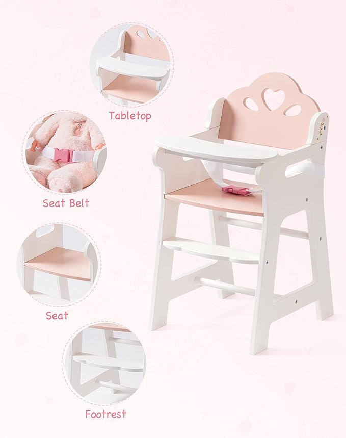 ROBUD Baby Doll High Chair, Pretend Play High Chair with Seat Belt, White Wooden Baby Doll Accessories with Movable Tabletop, Fits 18-20 Inch Dolls, WRP27