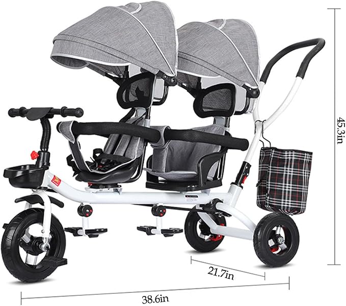 Kids Tricycle - 4 in 1 Double Seat Children'S Tricycle, Toddler Pushchair, Detachable Canopy, Folding Pedals, Reversible Seat, Removable Guardrail, Suitable for 1 to 6 Years Old Children,Gray