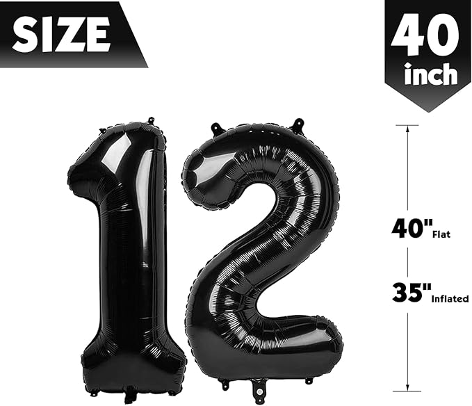 40 Inch Black Number 12 Balloon, Giant Number 12 Balloons for 12th Birthday Decorations, Party Supplies for Baby Boy Girl, Black Party Decor