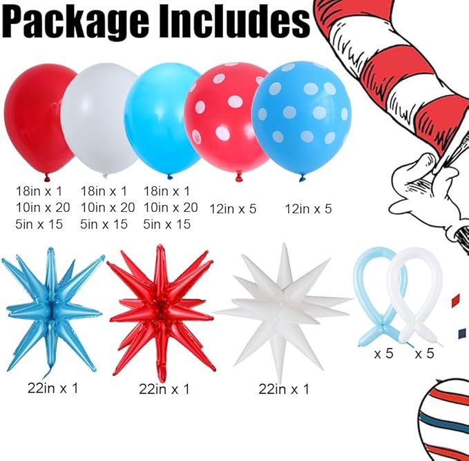 Cat Hat Themed Party Decorations 135PCS Red Blue White Balloon Arch Garland Kit Thing 1 and Thing 2 Birthday Party Decoration Dr Baby Shower Decorations
